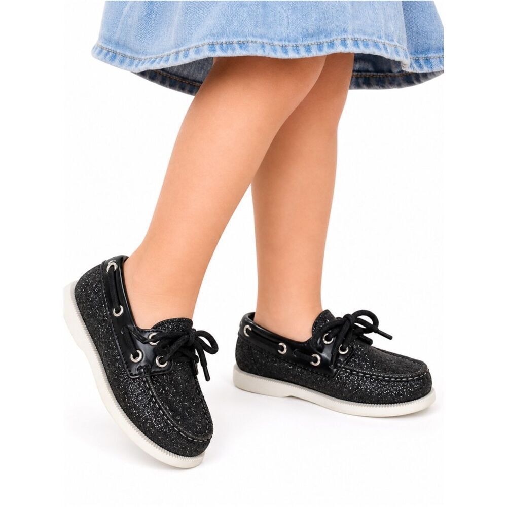 Sperry Top Sider Toddler Girls Black Glitter Lace Up Boat Shoes Size 8.5